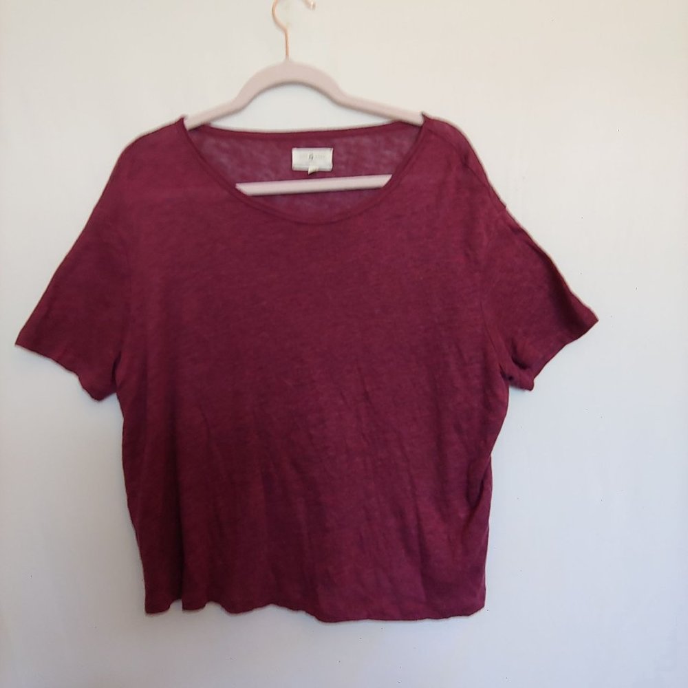Lou & Grey womens 100% linen maroon short sleeve top Medium